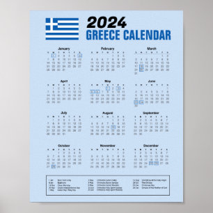 Affiche Calendrier de Grèce avec fêtes grecques 2024 Téléc