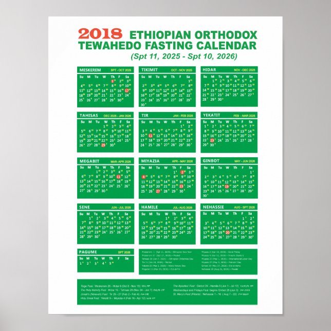 Affiche Calendrier de jeûne éthiopien orthodoxe 2018 (Devant)