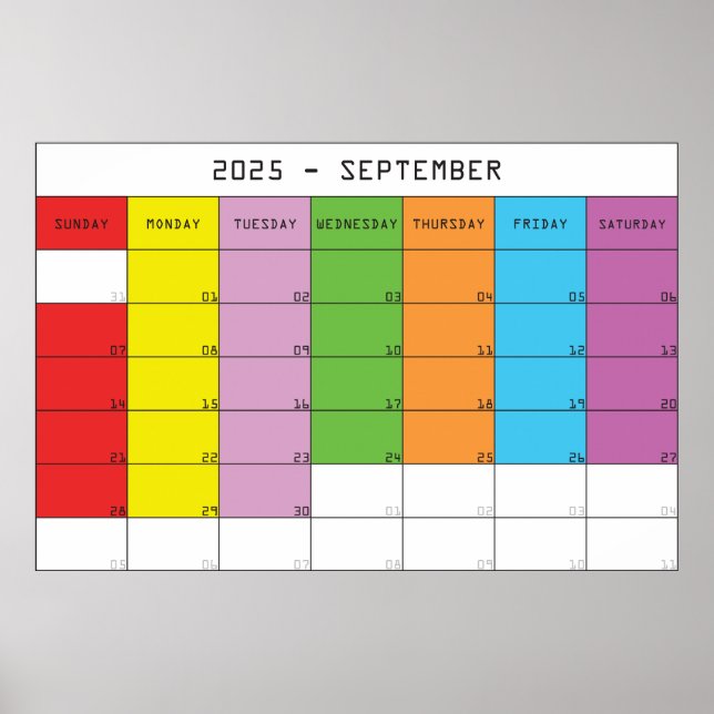 Affiche Calendrier de jours de couleur septembre 2025 plan (Devant)