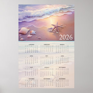 Affiche Calendrier de la côte pastel 2026 avec coquillages