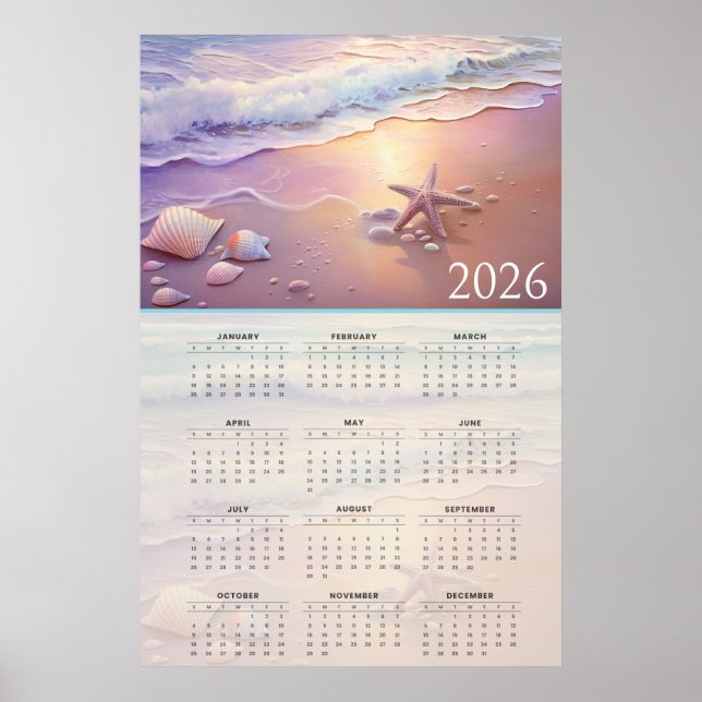 Affiche Calendrier de la côte pastel 2026 avec coquillages (Devant)
