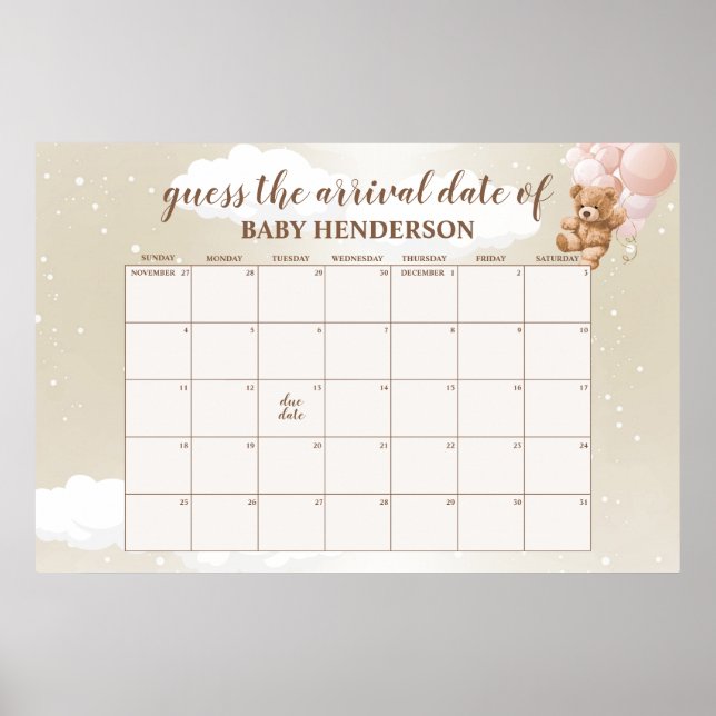 Affiche Calendrier de la date prévue Ourson Rose Tendresse (Devant)