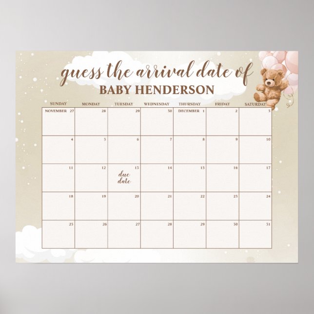 Affiche Calendrier de la date prévue Ourson Rose Tendresse (Devant)