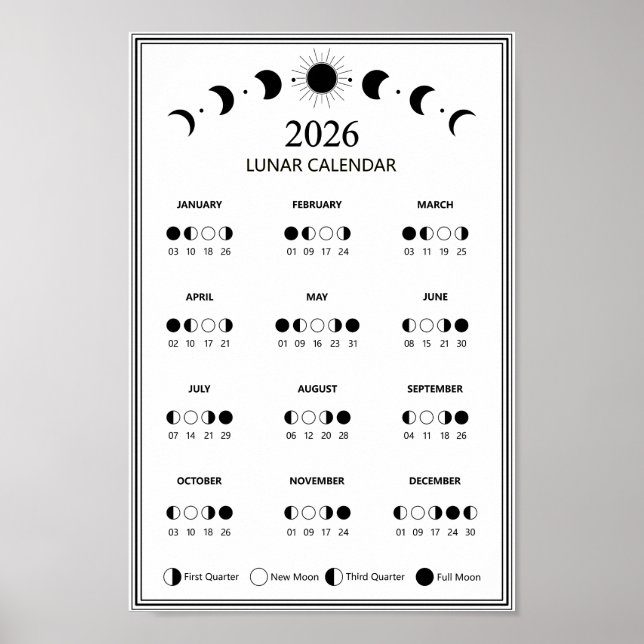 Affiche Calendrier de la phase lunaire 2026 Cycles lunaire (Devant)