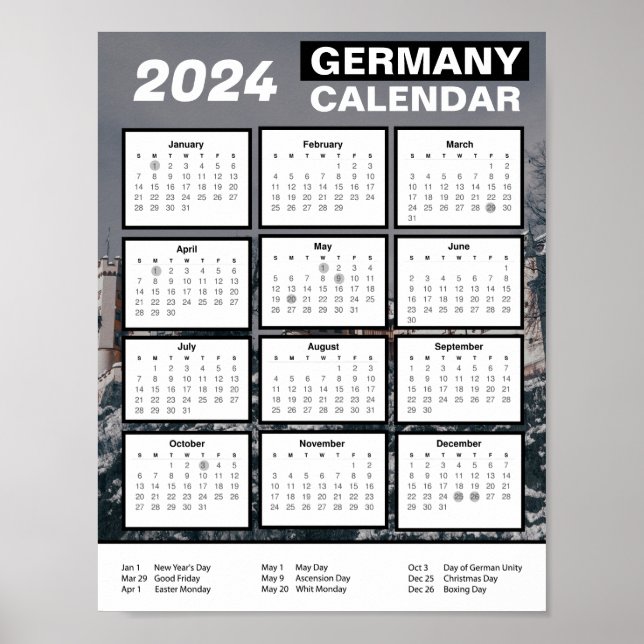 Affiche Calendrier de l'Allemagne 2024 en anglais | Téléch (Devant)