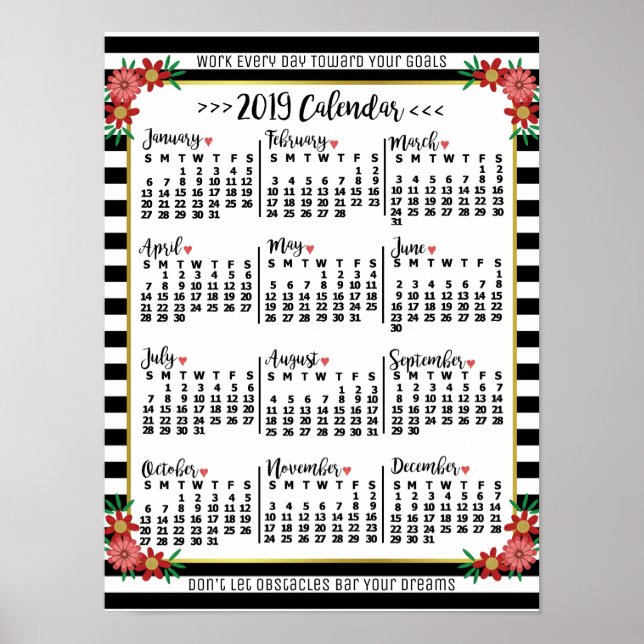 Affiche Calendrier de l'année 2019 à rayures florales | Te (Devant)