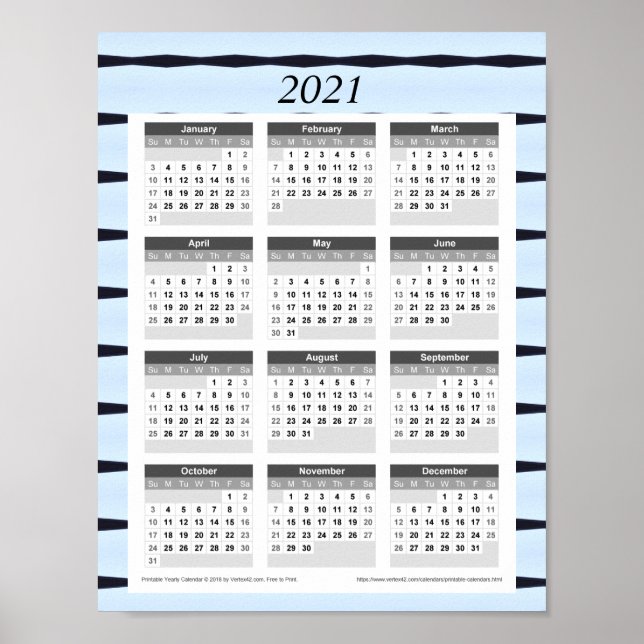 Affiche Calendrier de l'année 2021 : Bleu avec lignes noir (Devant)