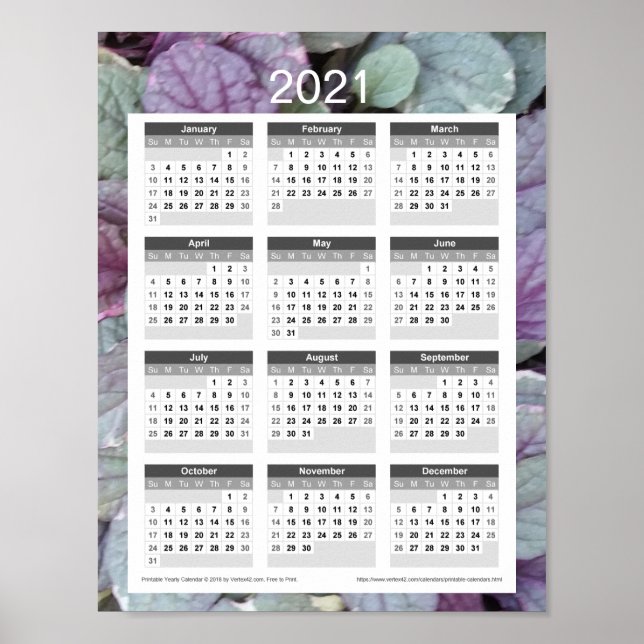 Affiche Calendrier de l'année 2021 - Feuilles violets (Devant)