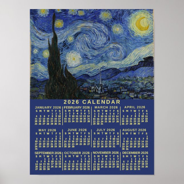 Affiche Calendrier de l'année 2026 Nuit étoilée ou ajoutez (Devant)