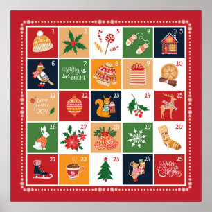 Affiche Calendrier de l'Avent Noël Joyeux Poinsettia Rouge