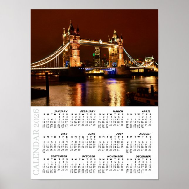 Affiche Calendrier de Londres 2026, Tour de Tower Bridge l (Devant)