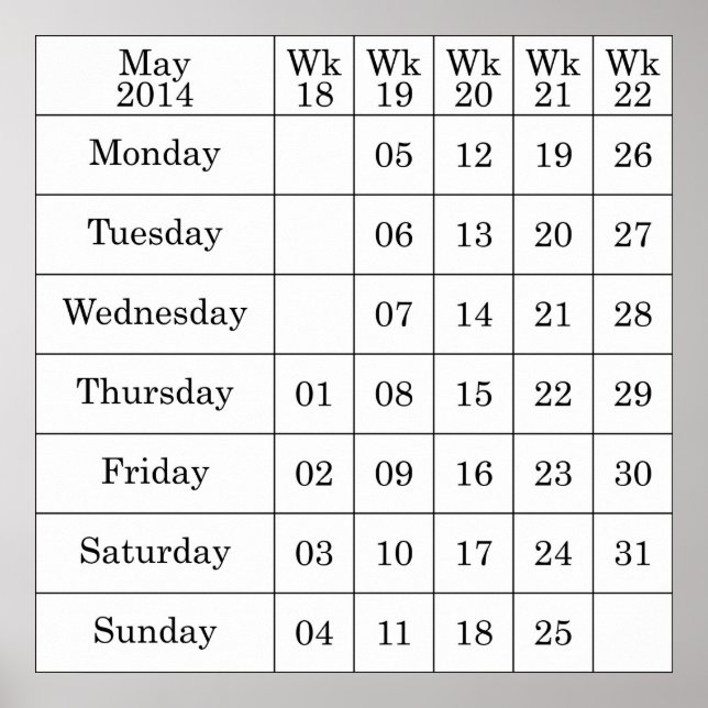 Affiche Calendrier de mai 2014 semaines numérotées (Devant)