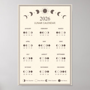 Affiche Calendrier de phase lunaire 2026 Cycles lunaires M