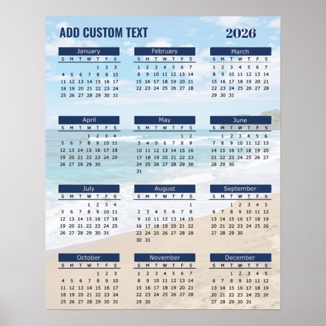 Affiche Calendrier de plage 2026 avec texte personnalisé   (Devant)