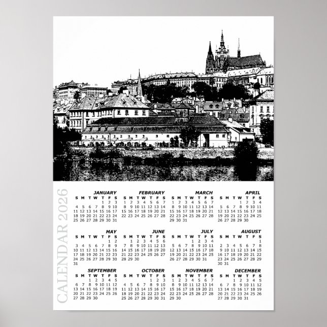 Affiche Calendrier de Prague 2026, Château de Prague, Tché (Devant)