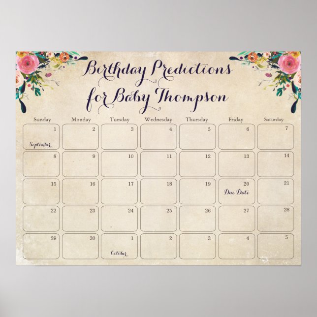 Affiche Calendrier de prédiction d'anniversaire de Baby Sh (Devant)