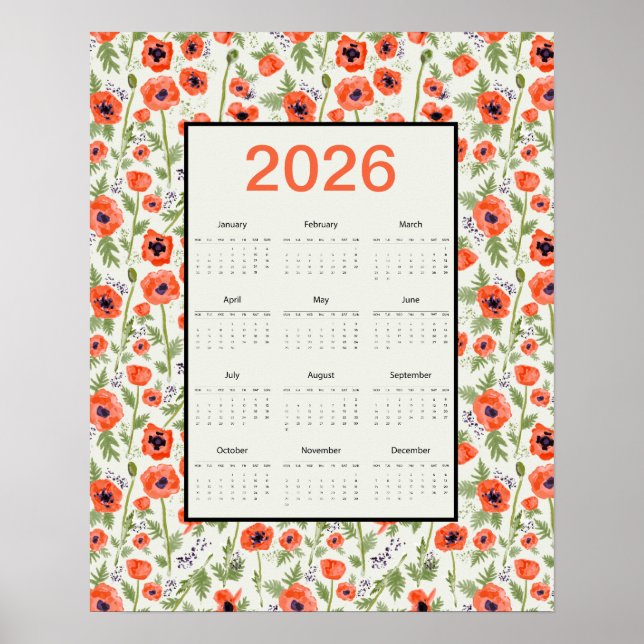 Affiche Calendrier des coquelicots orange 2026 (Devant)