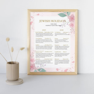 Affiche Calendrier des fêtes juives 2025 2026 floral rose
