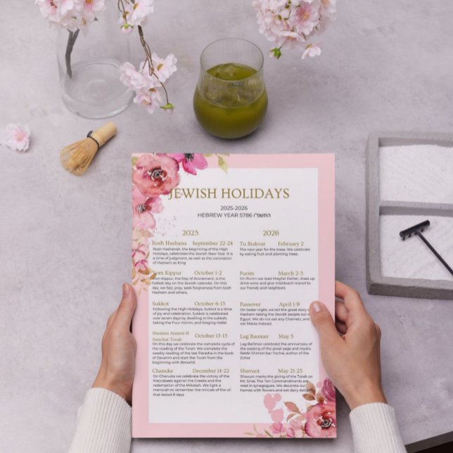 Affiche Calendrier des fêtes juives 2025 2026 floral rose  (Créateur téléchargé)