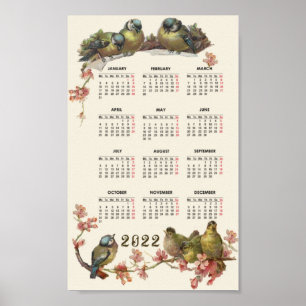 Affiche Calendrier des oiseaux 2022 vintage