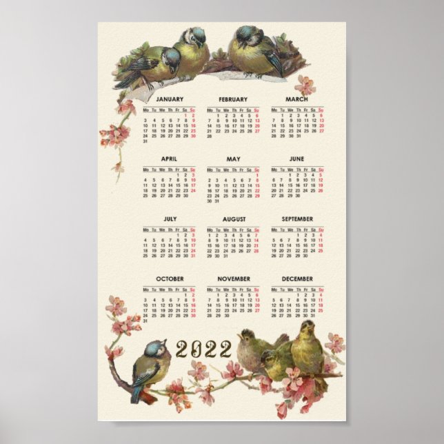 Affiche Calendrier des oiseaux 2022 vintage (Devant)