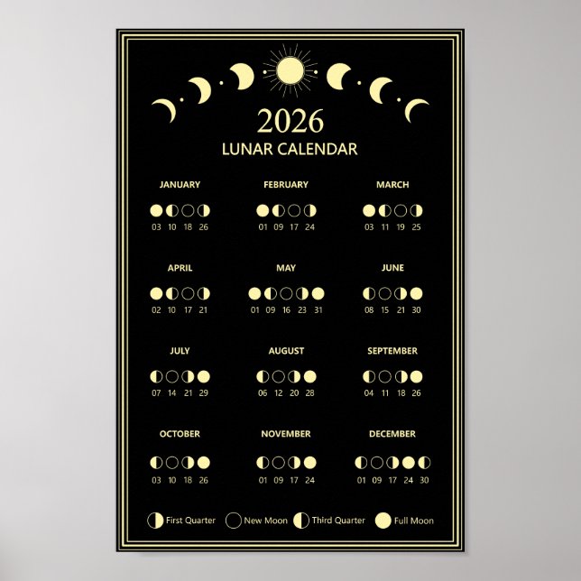 Affiche Calendrier des phases lunaires 2026 Cycles lunaire (Devant)