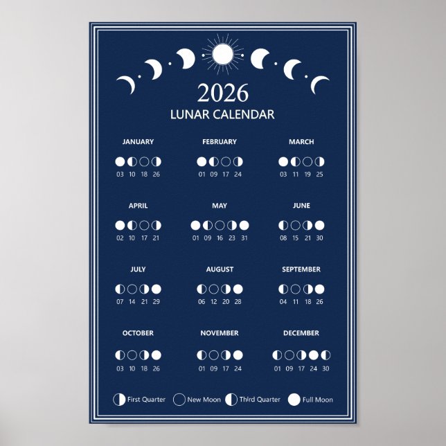 Affiche Calendrier des phases lunaires 2026 Cycles lunaire (Devant)