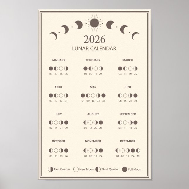 Affiche Calendrier des phases lunaires 2026 Cycles lunaire (Devant)