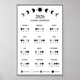Affiche Calendrier des phases lunaires 2026 Cycles lunaire