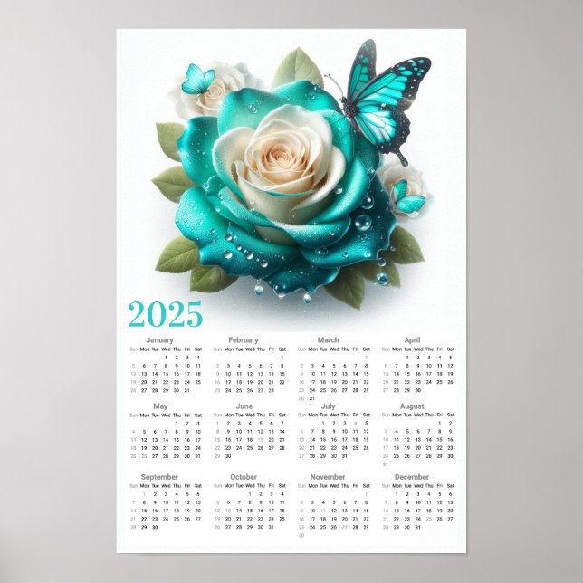 Affiche Calendrier des Roses turquoises et papillons 2025 (Devant)