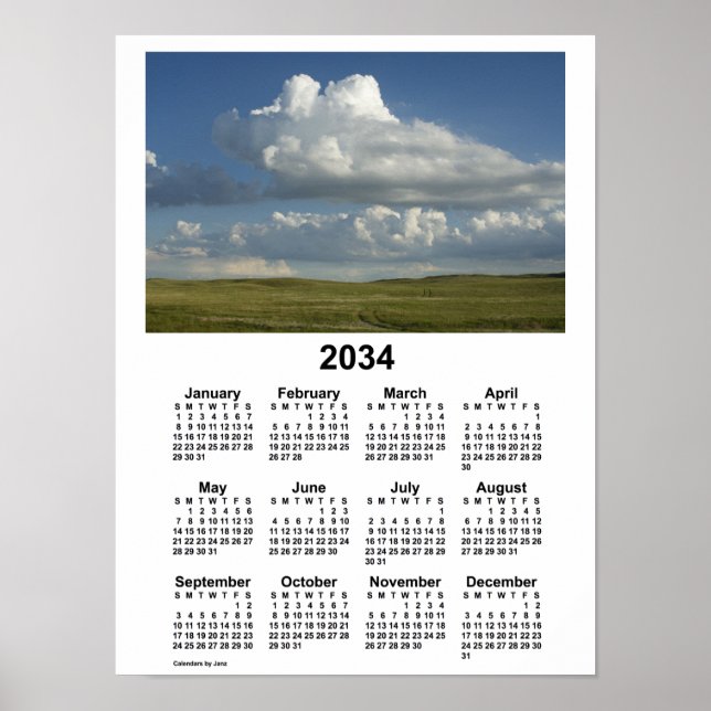 Affiche Calendrier des Sandhills du Nebraska 2034 par Janz (Devant)