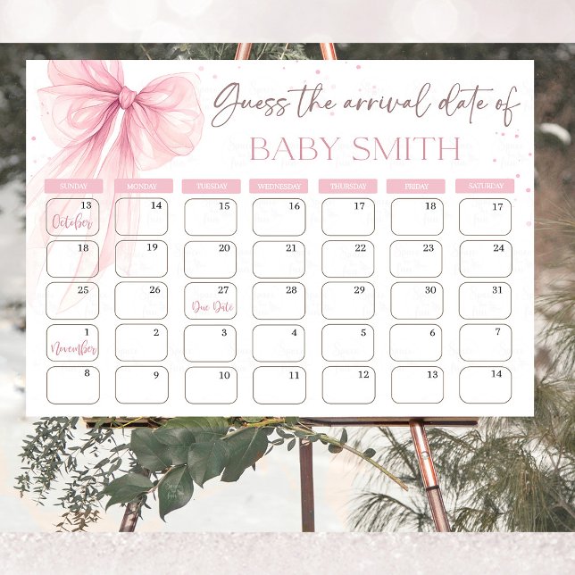 Affiche Calendrier devinez la date prévue Coquette Rose à  (Chic Bow Pink Coquette baby shower "Guess the Due Date" calendar, featuring delicate pink bows and e)
