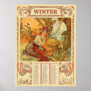 Affiche Calendrier d'hiver Art nouveau de l'ère victorienn
