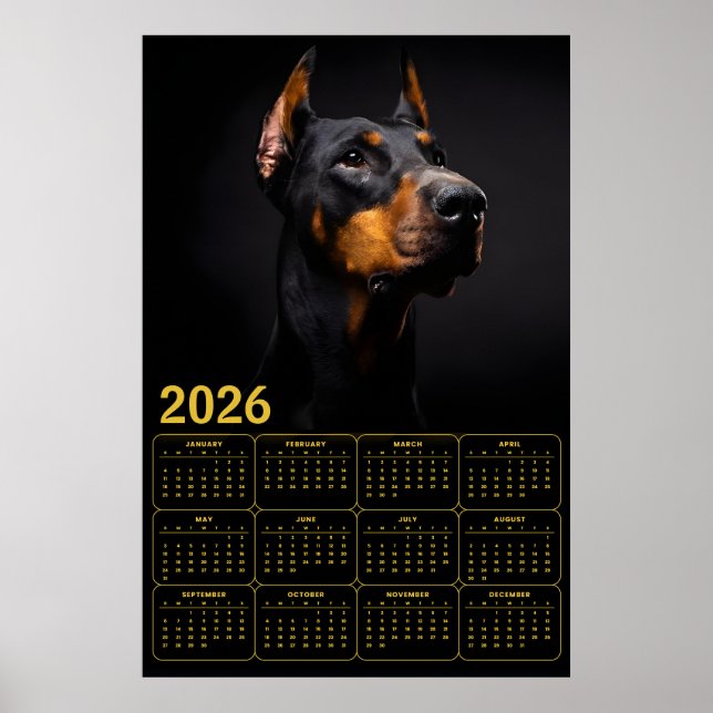 Affiche Calendrier Doberman Pinscher 2026 (Devant)