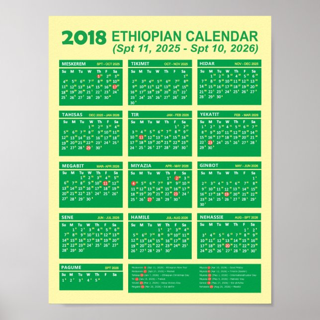 Affiche Calendrier du nouvel an éthiopien 2018 2025/2026 (Devant)