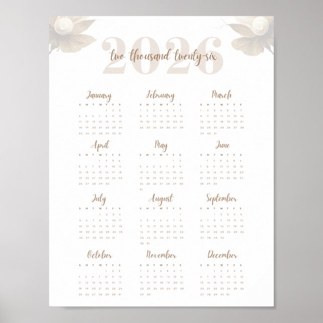Affiche Calendrier élégant sur une page Floral Script 2026 (Devant)
