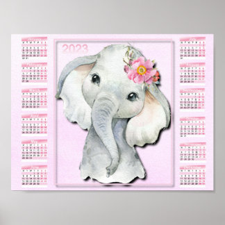 Affiche Calendrier Enfants 2023, Aquarelle Eléphant, Fleur