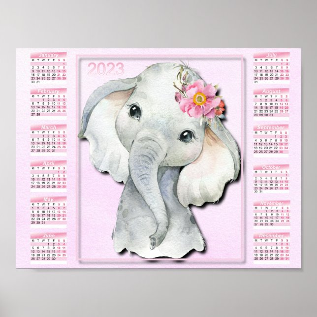 Affiche Calendrier Enfants 2023, Éléphant Aquarelle, Fleur (Devant)