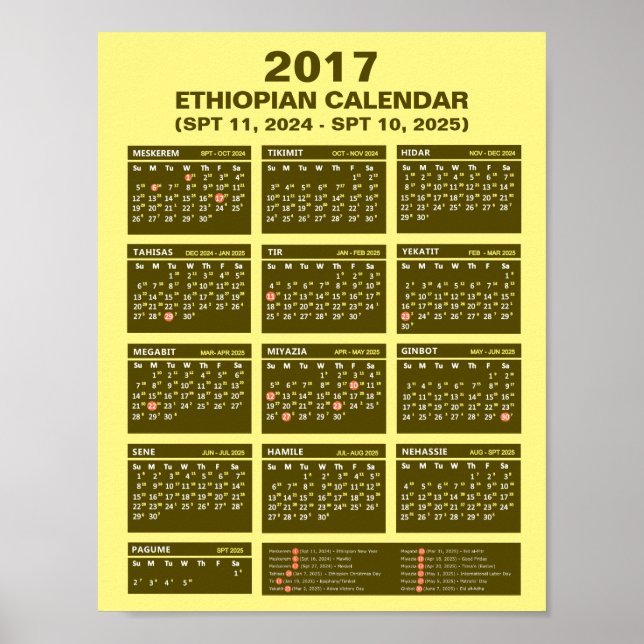 Affiche Calendrier éthiopien 2017 pour l'année 2024 et 202 (Devant)