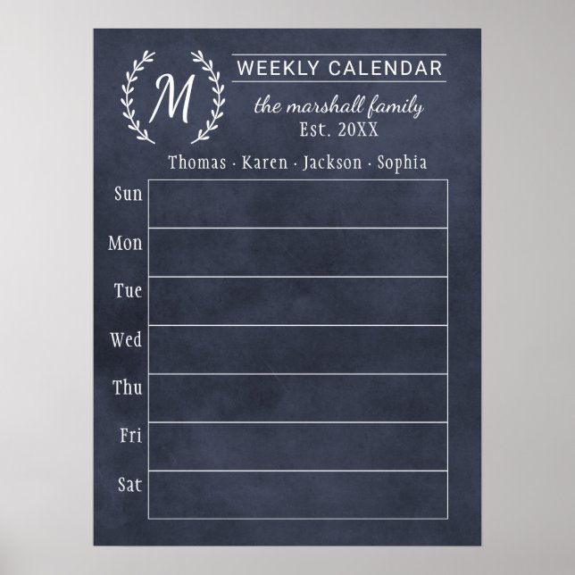 Affiche Calendrier familial hebdomadaire Navy Chalkboard a (Devant)