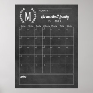 Affiche Calendrier familial mensuel à monogramme sur table