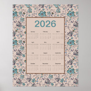 Affiche Calendrier Fleurs Bleu-vert 2026
