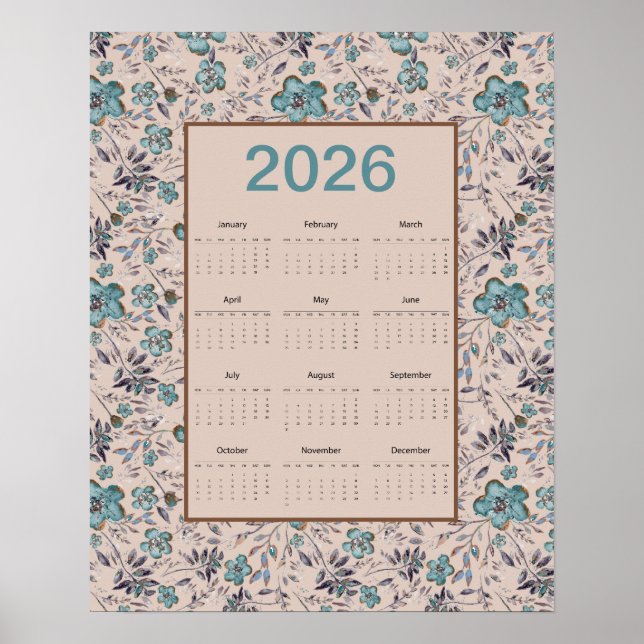 Affiche Calendrier Fleurs Bleu-vert 2026 (Devant)