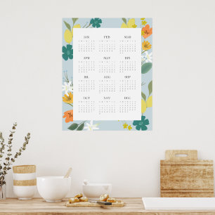 Affiche Calendrier Fleurs de Printemps 2025 Bleu Pastel Te