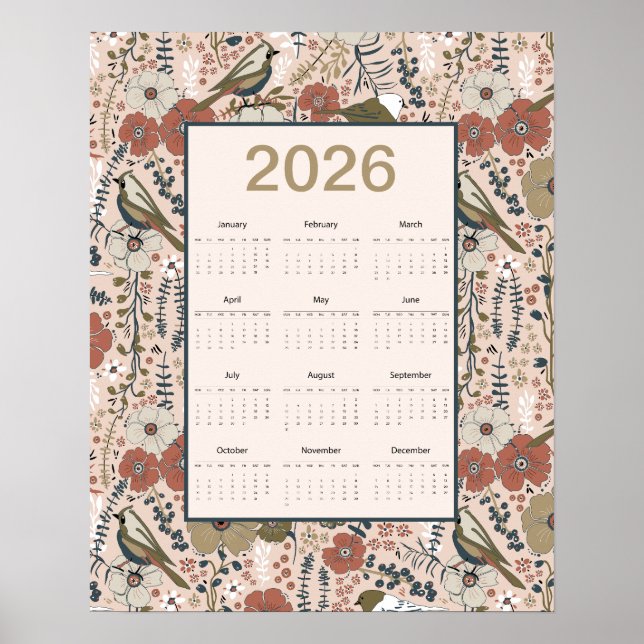 Affiche Calendrier Fleurs Oiseaux 2026 (Devant)
