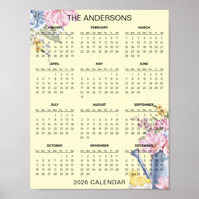 Affiche Calendrier floral élégant et simple 2026  |  (Devant)