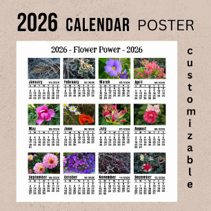 Affiche Calendrier floral personnalisé 2026 Début dimanche