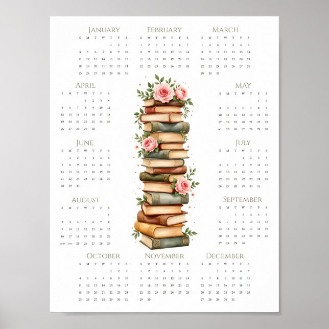 Affiche Calendrier floral pour amateur de livres 2026, imp (Devant)