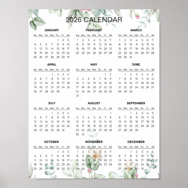 Affiche Calendrier floral simple mais élégant 2026 |  (Devant)
