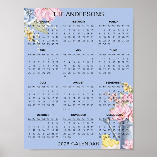 Affiche Calendrier floral simple mais élégant 2026 |  (Devant)